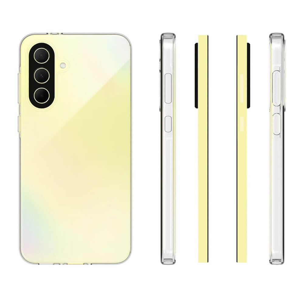 Das Cover-Discount Galaxy A36 5G wird in Gelb mit drei rückseitigen Kameras und einem transparenten Silikon-Gummi-Case mit Antifingerprint-Schutz gezeigt, von der Rückseite und beiden Seiten vor einem weißen Hintergrund abgebildet.