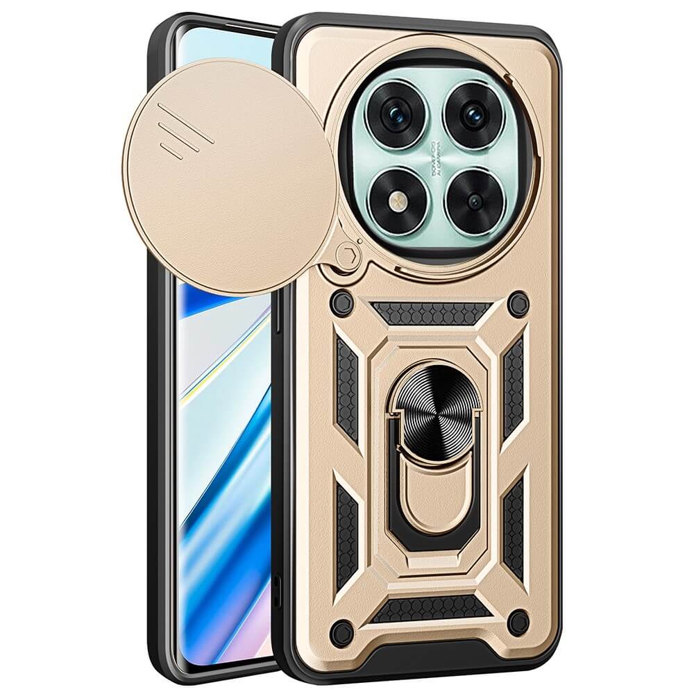 Schützen Sie Ihr Xiaomi Redmi Note 14 Pro 5G / Poco X7 mit dem Cover-Discount Armor Case in robustem Gold/Schwarz, das über eine Kameraabdeckung, einen Ständer und einen integrierten Ringständer für verbesserte Haltbarkeit und Komfort verfügt.