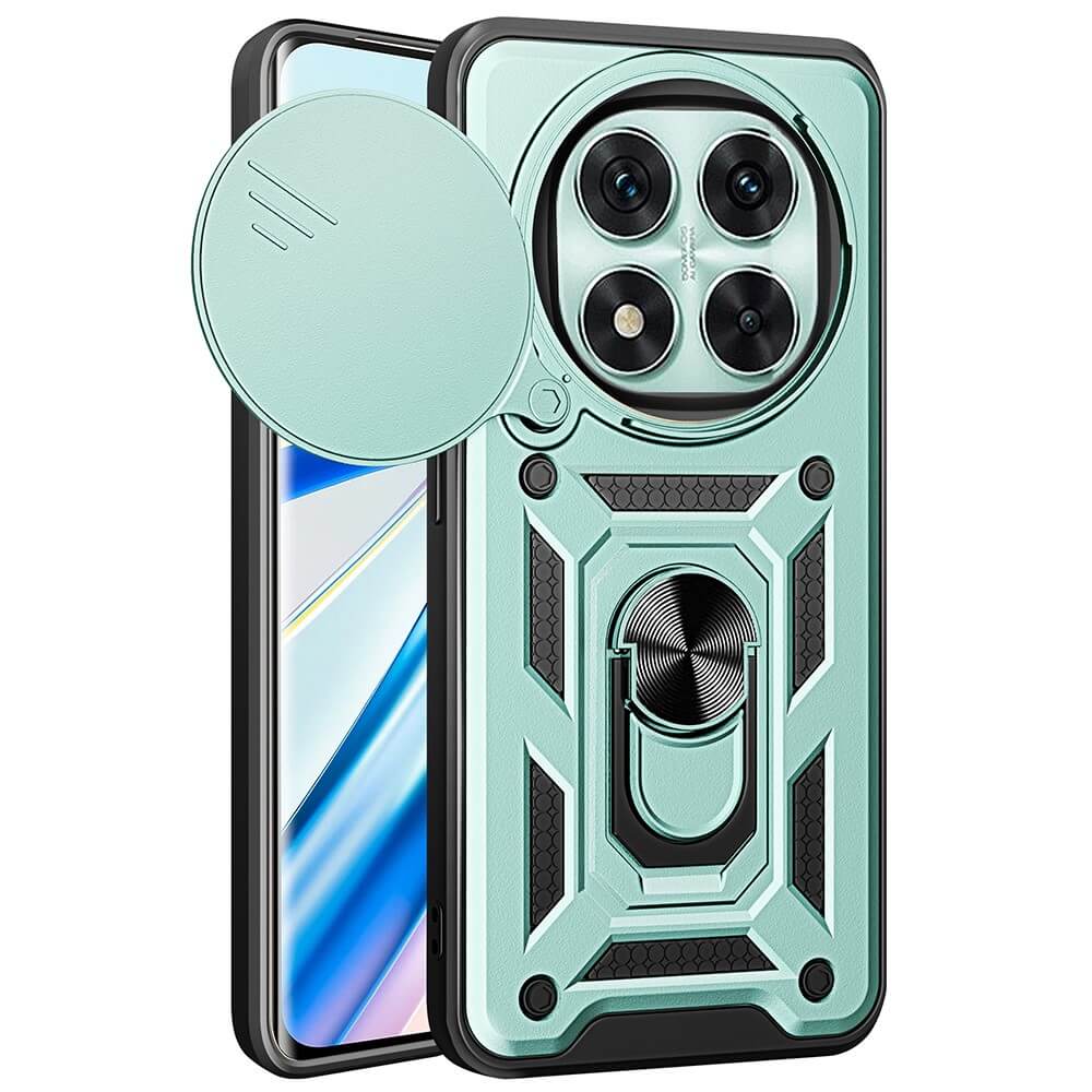 Ein Cover-Discount-Panzergehäuse mit Ständer für Xiaomi Redmi Note 14 Pro 5G/Poco X7 in robustem Mintgrün, mit Ringhalterung und runder Kameraobjektivabdeckung.