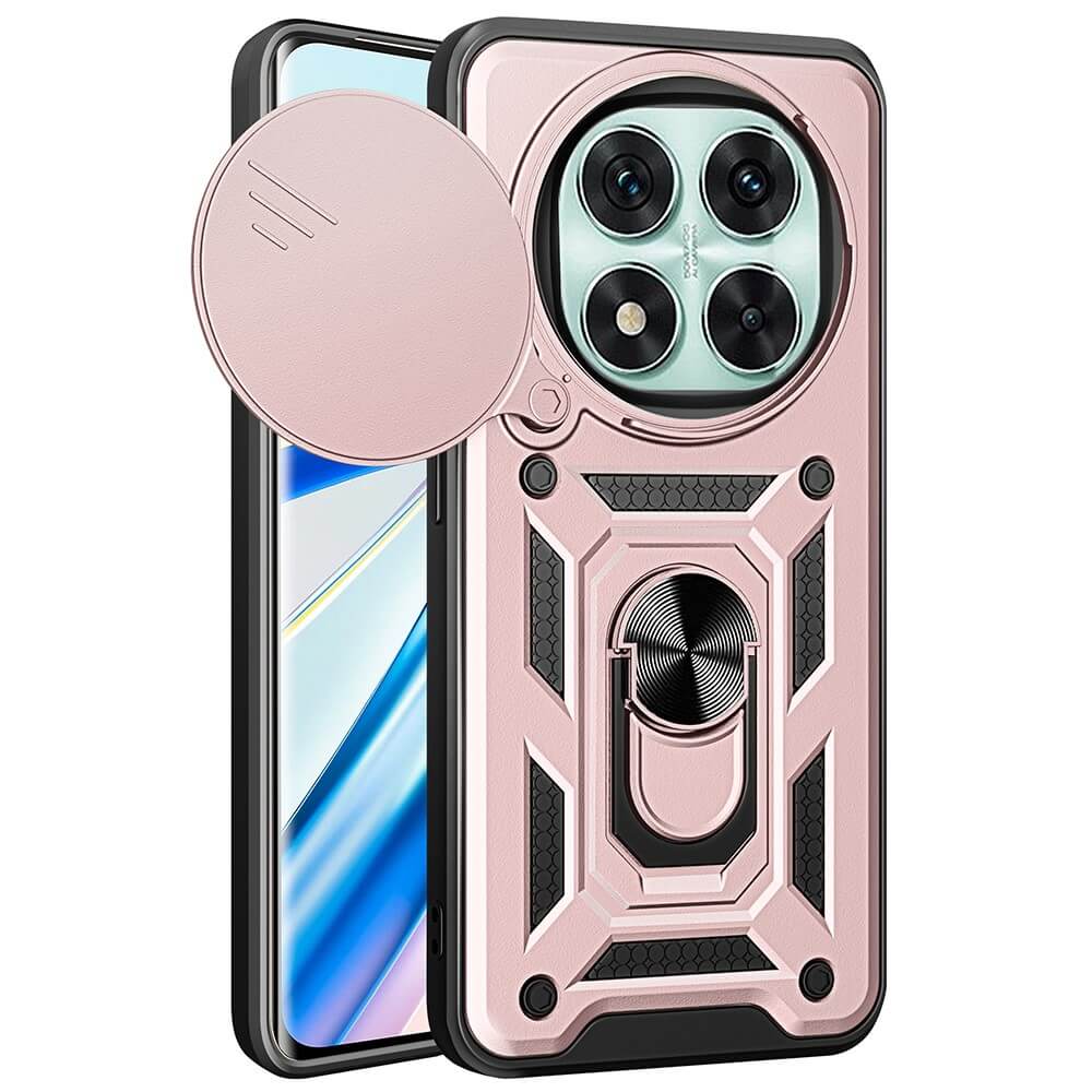 Eine Cover-Discount-Panzerhülle mit Ständer für Xiaomi Redmi Note 14 Pro 5G / Poco X7 in robustem Pink, mit runder Kameraabdeckung und integriertem Ringhalter.