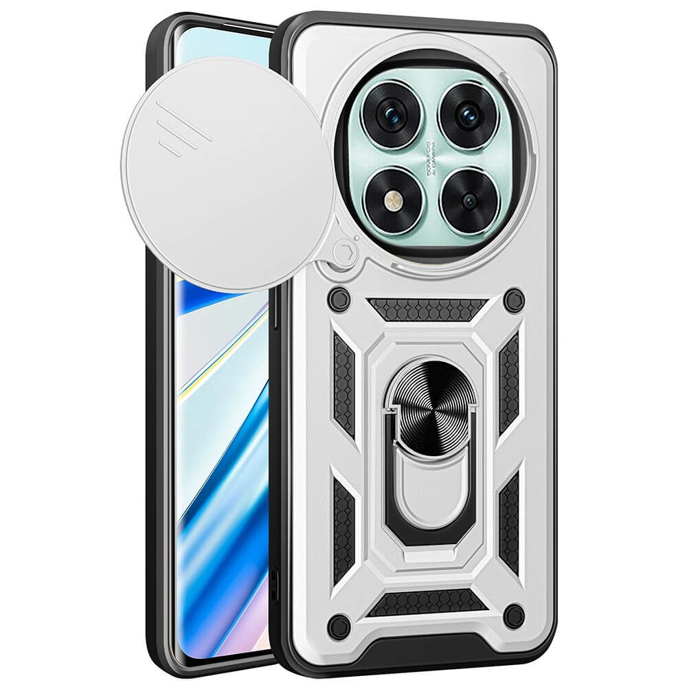 Das Cover-Discount Armor Case mit Ständer für Xiaomi Redmi Note 14 Pro 5G / Poco X7 ist in Weiß und Schwarz erhältlich und verfügt über einen Ringhalter und eine verschiebbare Kameraabdeckung für zusätzlichen Schutz.