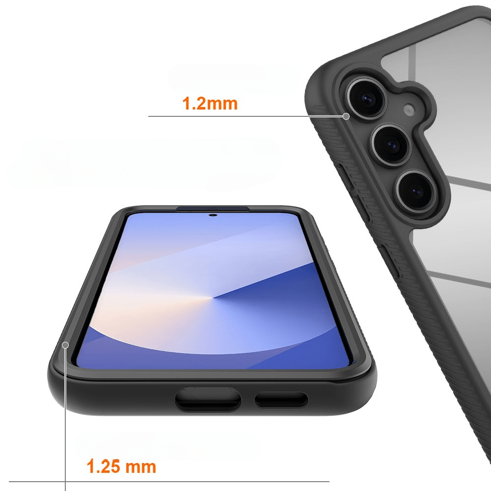 Das Galaxy S25+ Plus – Full Protection Schutzhülle von Cover-Discount bietet Hybriddesign, 1,2 mm Kameraschutz und 1,25 mm Bildschirmrand und unterstützt kabelloses Laden.