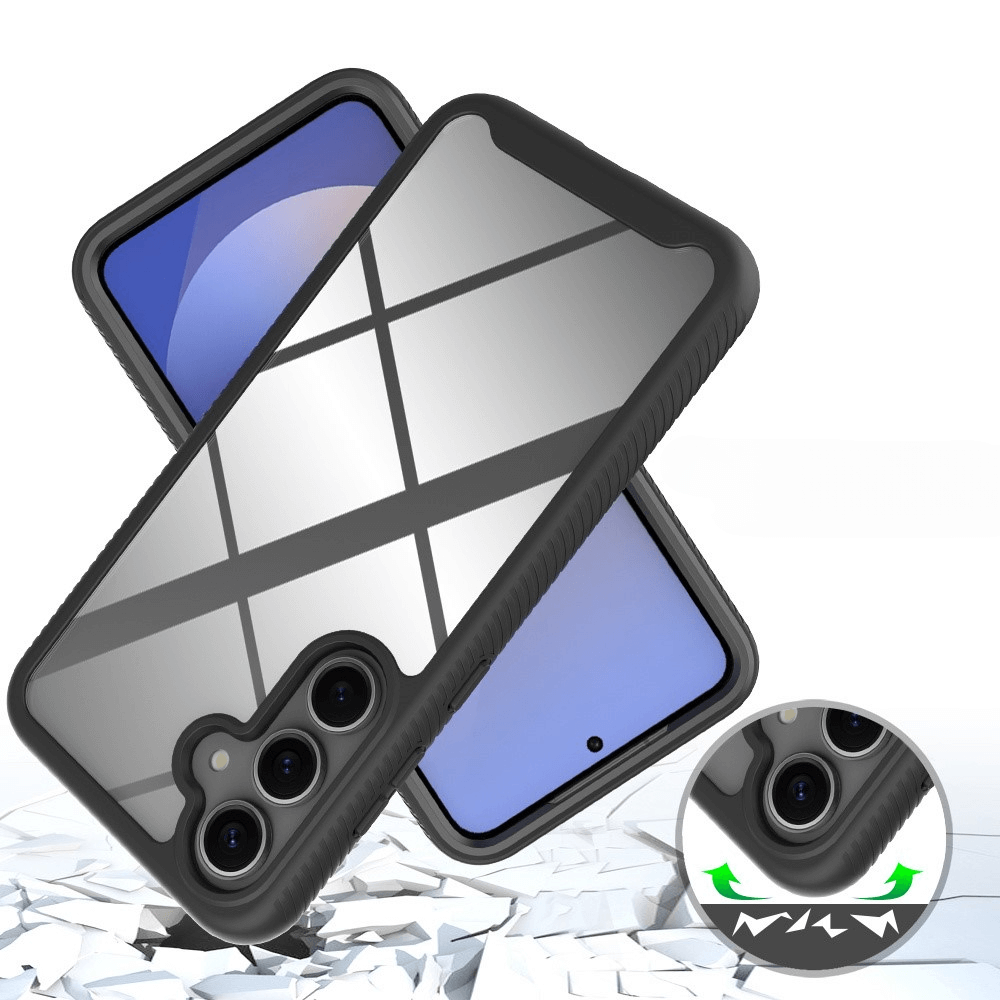 Zwei Cover-Discount Galaxy S25+ Plus - Vollschutz-Schutzhüllen werden gezeigt – eine beleuchtet das Display, die andere die Rückseite – auf zerbrochenem Glas. Beide unterstützen kabelloses Aufladen für zusätzlichen Komfort.