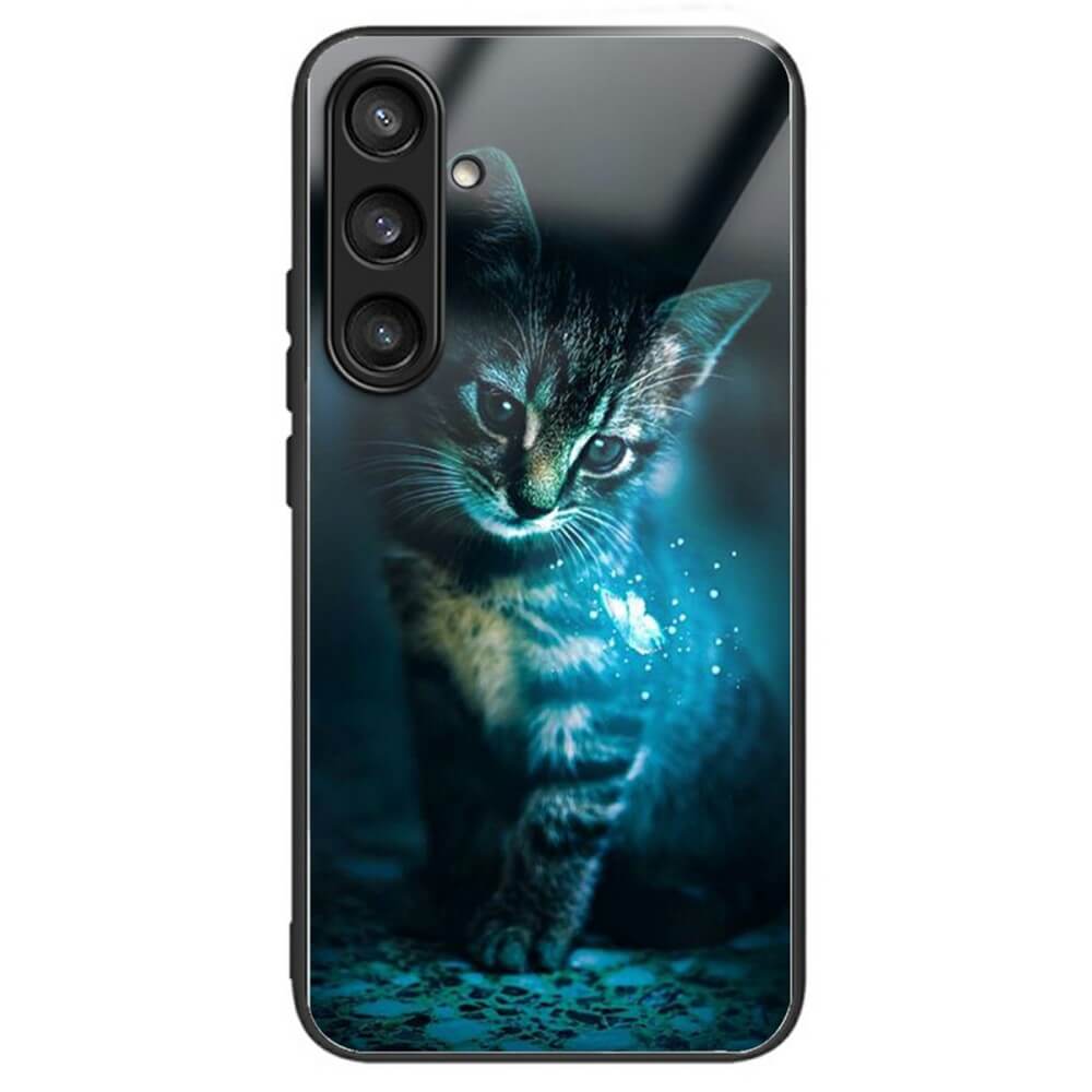 Cover-Discount Galaxy S25+ Plus - Panzerglas Handyhülle: Leuchtendes blaues Kätzchen-Design mit leichten Partikeln, schützende TPU-Umrandung und Panzerglas für zusätzlichen Schutz und Stil.