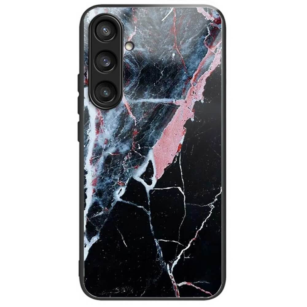 Die Cover-Discount Galaxy S25+ Plus – Panzerglas-Handyhülle verfügt über ein schwarz-weiß-rosa Marmordesign, unterstützt drei Kameraobjektive und hat eine schützende TPU-Umrandung für zusätzliche Haltbarkeit.