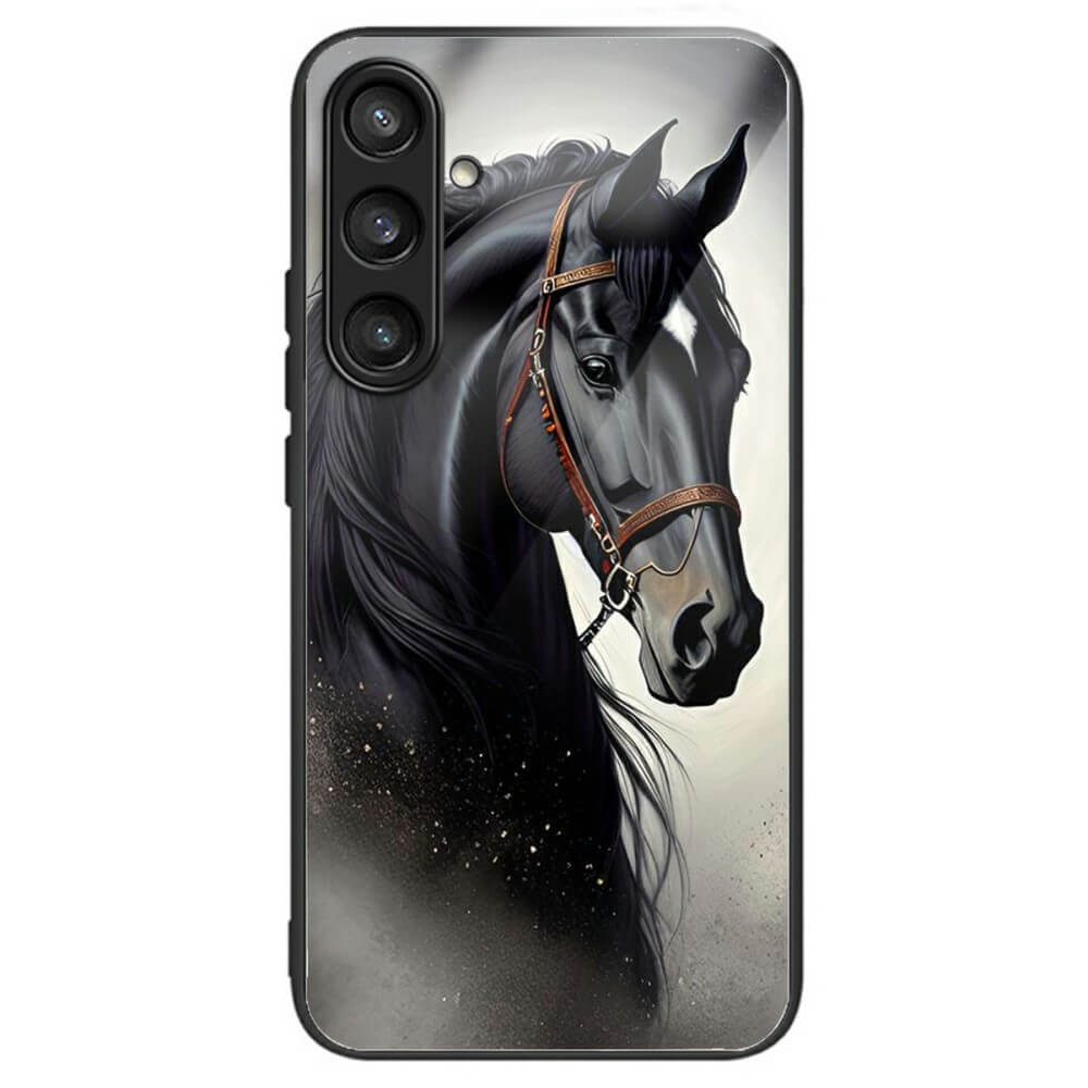#farbe_horse|Schützen Sie Ihr Galaxy A56 5G mit dieser Panzerglas-Handyhülle von Cover-Discount. Sie zeigt ein schwarzes Pferd mit Zaumzeug-Illustration auf hellem Hintergrund und ein robustes Hard Case mit TPU-Umrandung für zusätzlichen Kantenschutz.