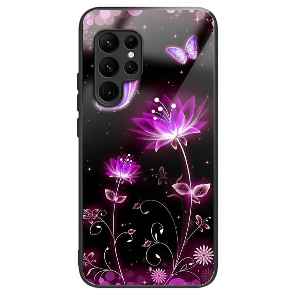 Die Galaxy S25 Ultra – Panzerglas-Handyhülle von Cover-Discount zeigt leuchtend lila Blumen und einen Schmetterling auf schwarzem Hintergrund, mit floralen und hellen Akzenten sowie einer schützenden TPU-Umrandung.