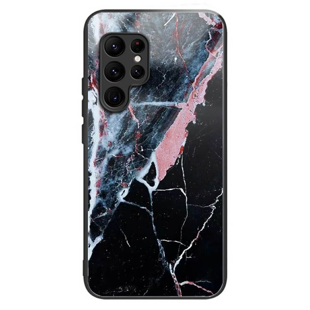 Schützen Sie Ihr Galaxy S25 Ultra mit der Panzerglas Handyhülle von Cover-Discount – einer schwarzen Marmorhülle mit rosa und weißen Streifen, Aussparung für eine Kamera mit mehreren Objektiven und schützender TPU-Umrandung.