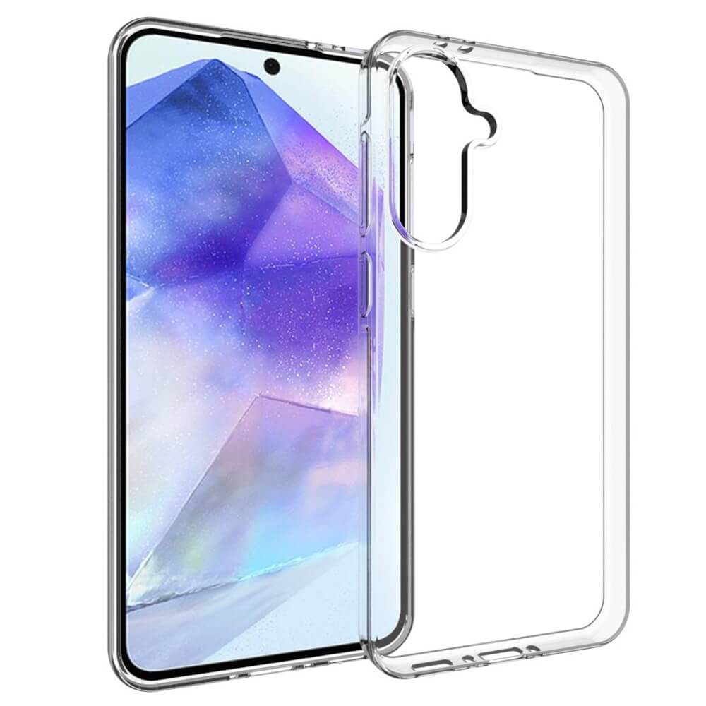 Das Cover-Discount Galaxy A56 5G - Silikon Gummi Case transparent mit Antifingerprint-Schutz liegt neben einem Galaxy A56 5G mit lila-blauer geometrischer Tapete.