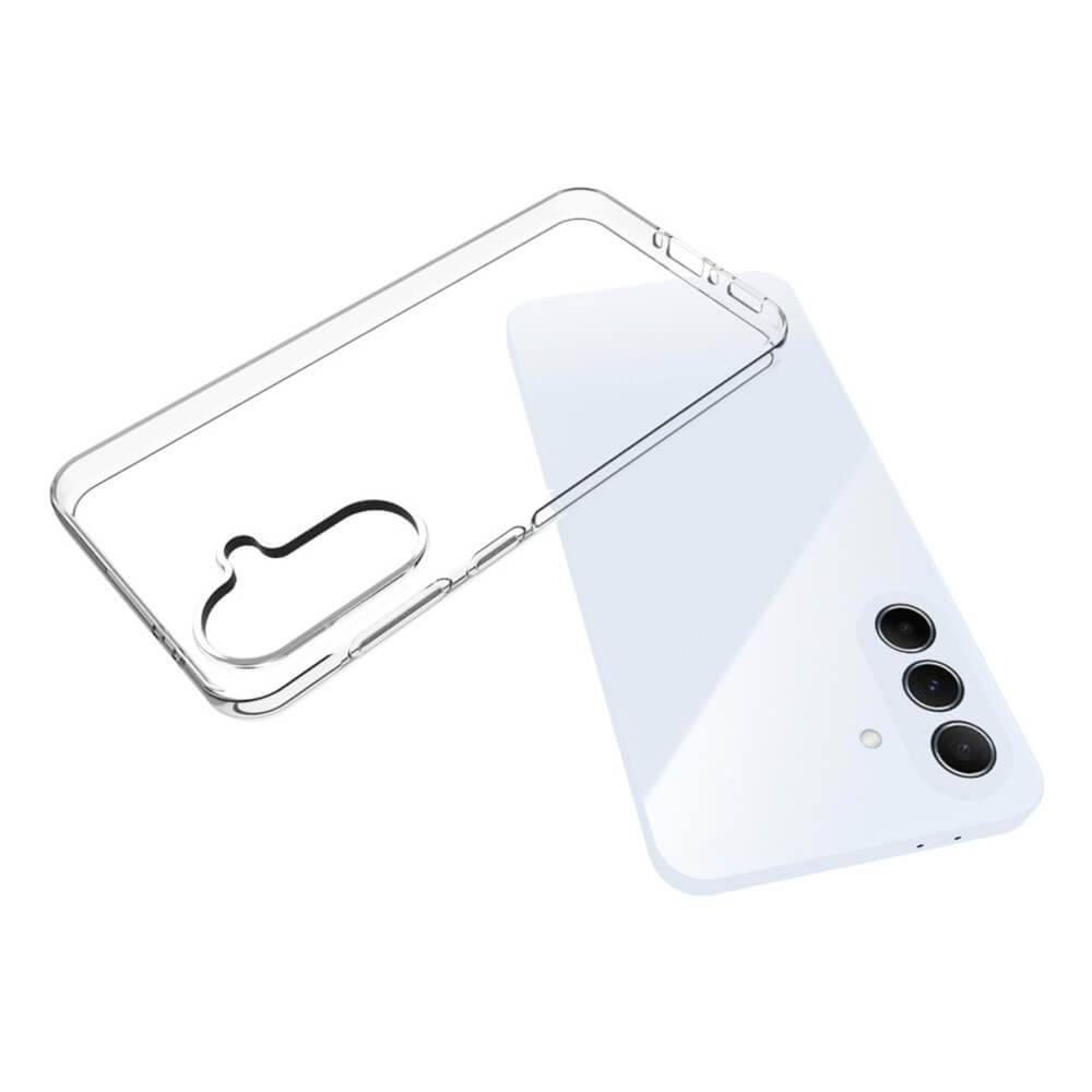 Das Cover-Discount Galaxy A56 5G – Silikon Gummi Case transparent mit Antifingerprint-Schutz liegt neben dem weißen Galaxy A56 5G mit Triple-Kamera, stilvoll auf weißem Hintergrund präsentiert.