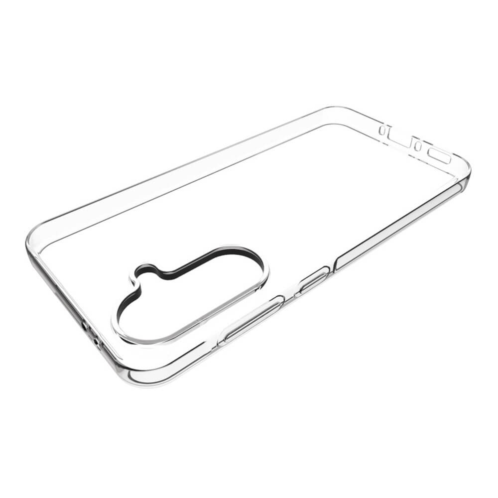 Das transparente Cover-Discount Galaxy A56 5G - Silikon Gummi Case bietet präzise Aussparungen für Kamera und Tasten, verfügt über einen Anti-Fingerprint-Schutz und ist auf weißem Hintergrund abgebildet.