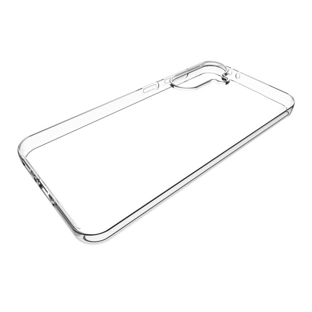 Das Cover-Discount Galaxy A56 5G - Silikon Gummi Case transparent verfügt über präzise Aussparungen für Tasten und Kamera, zuverlässigen Antifingerprint-Schutz und ist auf weißem Hintergrund abgebildet.