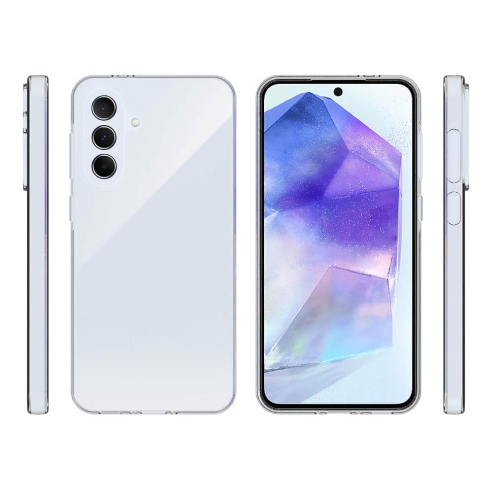 Das weiße Galaxy A56 5G wird mit der transparenten Silikongummihülle von Cover-Discount aus allen Winkeln angezeigt und bietet stilvollen Schutz vor Fingerabdrücken.