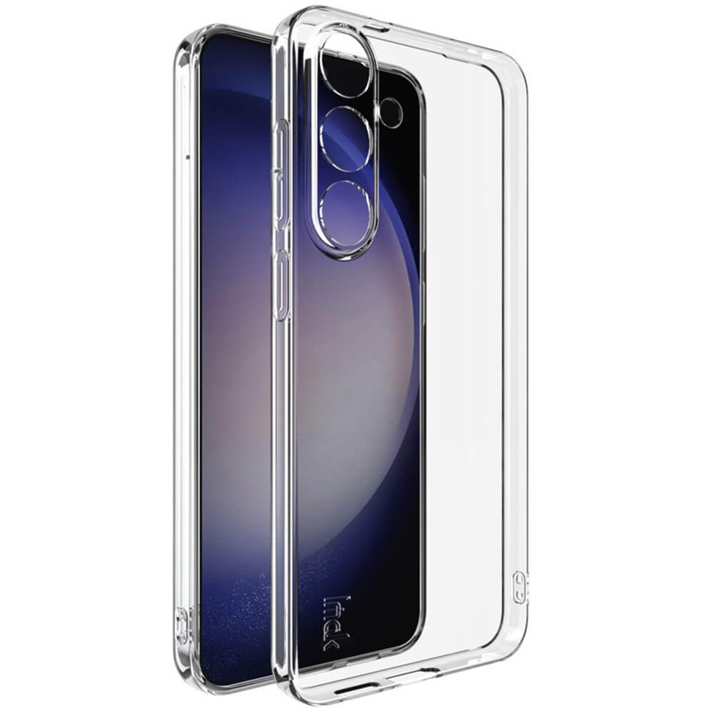 Imak Galaxy S25+ Plus IMAK UX-5 Silikongummihülle in Klar, gezeigt neben einem Smartphone mit einem dunklen kreisförmigen Hintergrundbild, das sowohl die Vorder- als auch die Rückseite des Geräts hervorhebt.