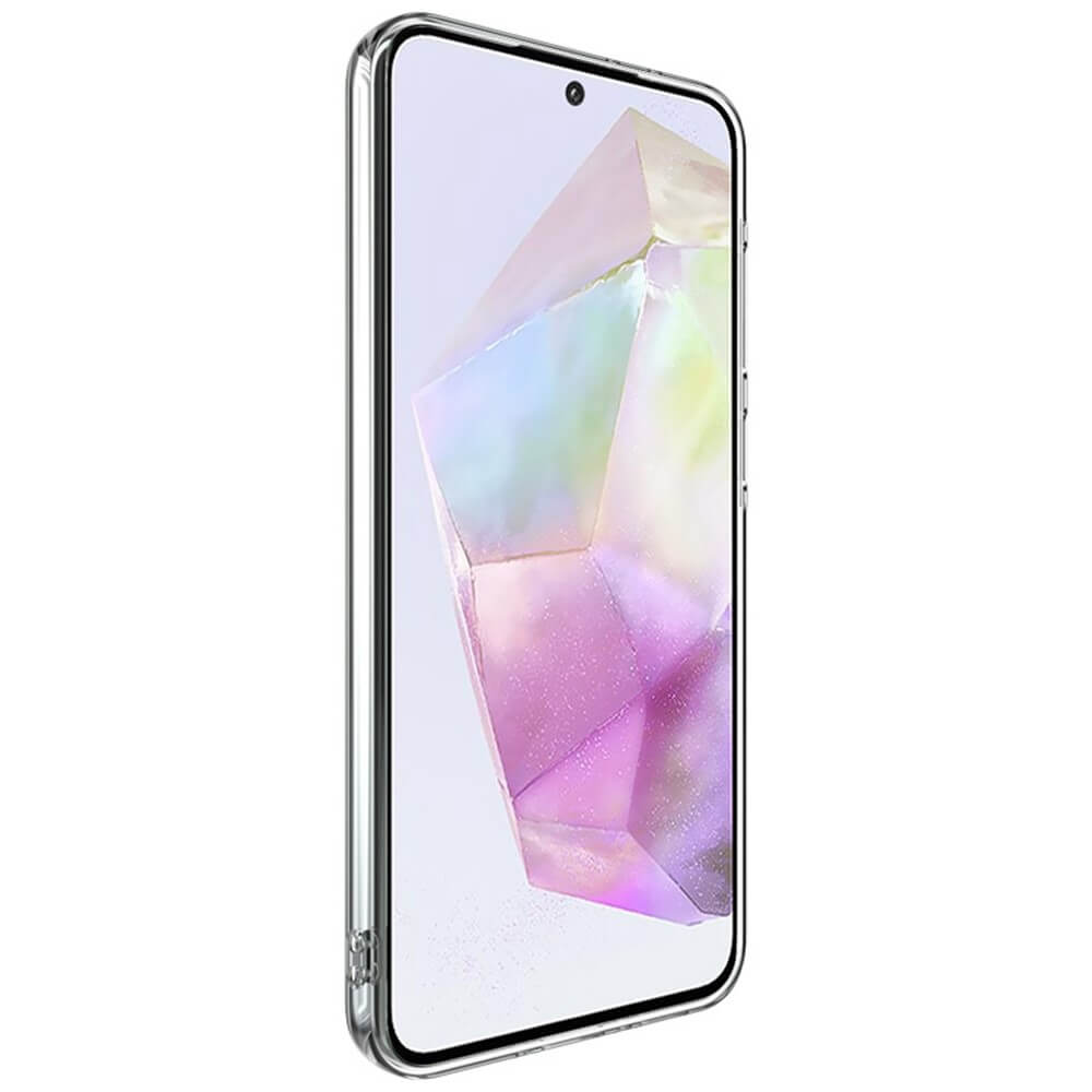 Die Imak Galaxy A56 5G - IMAK UX-5 Silikon Gummi Hülle präsentiert ein modernes Smartphone mit einem lebendigen, geometrischen Display, das schräg dargestellt wird, und bietet flexiblen Schutz, der auf Ihr Galaxy A56 5G zugeschnitten ist.