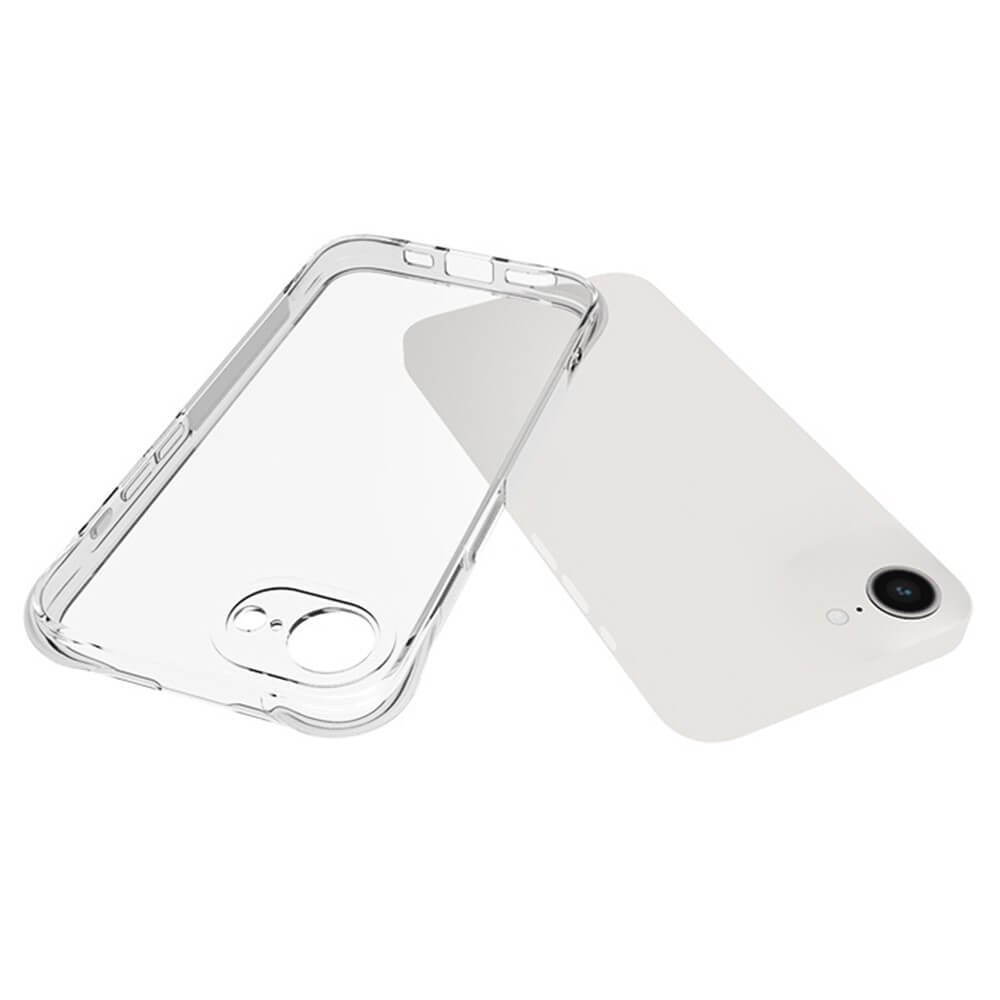 The iPhone 16e - Drop Protection Silikon Case enhances your phones sleek design with its transparent protection, gently cradling it against a pristine white background.