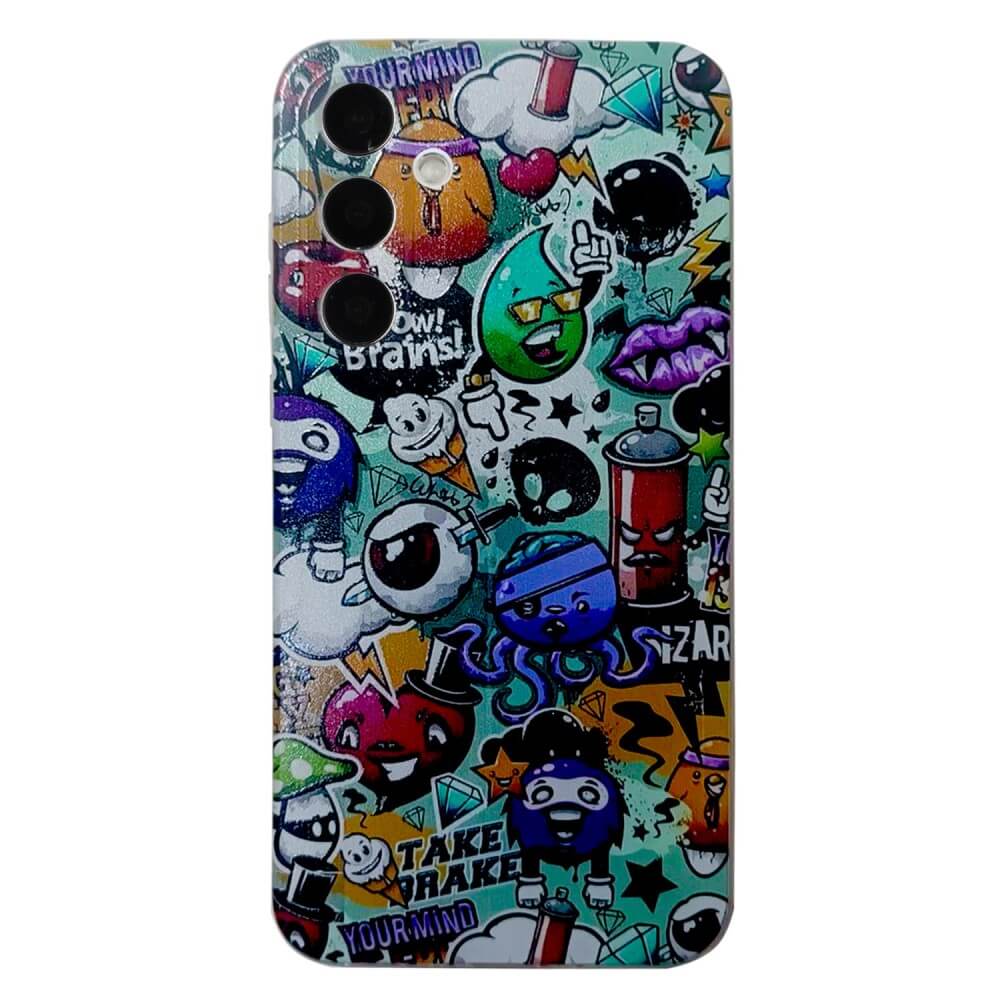 Das Cover-Discount Galaxy A56 5G - Cover Handyhülle mit stilvollem Motiv bietet bunte Cartoon-Doodles, Graffiti-Art und transparente Ränder für einen einzigartigen Look auf weißem Hintergrund.