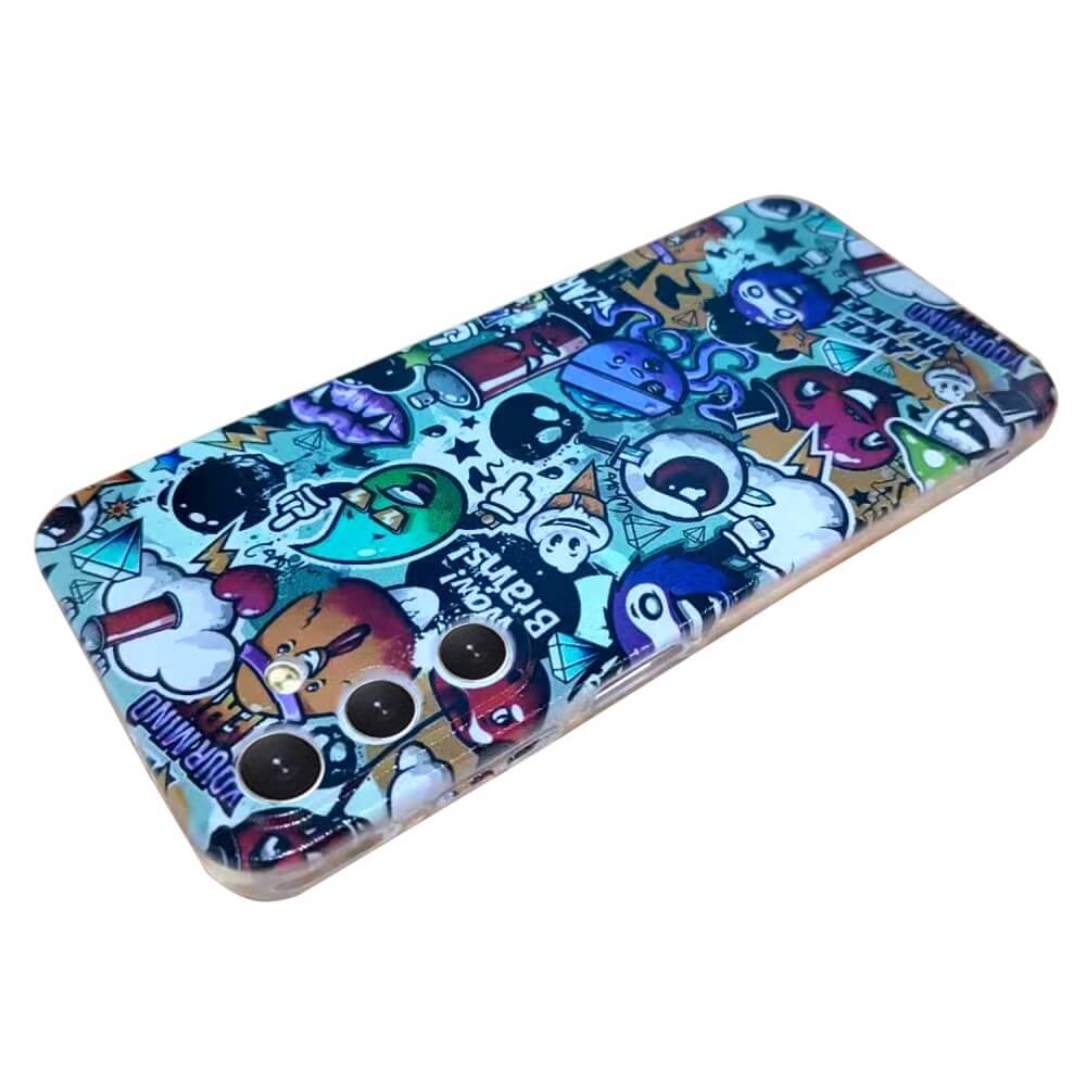 Die Cover-Discount Galaxy A56 5G Handyhülle bietet ein stilvolles Cartoon-Graffiti-Motiv, transparenten Rand und präzise Aussparungen für drei Kameralinsen – die perfekte Cover Handyhülle für einen einzigartigen Look.