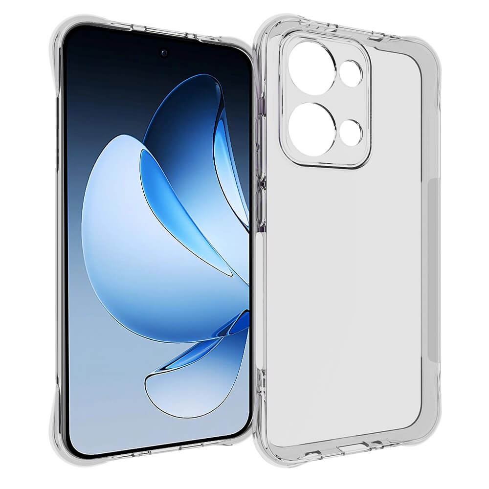 Das transparente Silikon-Case von Cover-Discount OPPO Reno13 mit Fallschutz aus weichem TPU wird neben einem Telefon mit einem abstrakten blauen Hintergrundbild angezeigt und demonstriert seinen stilvollen und zuverlässigen Fallschutz.