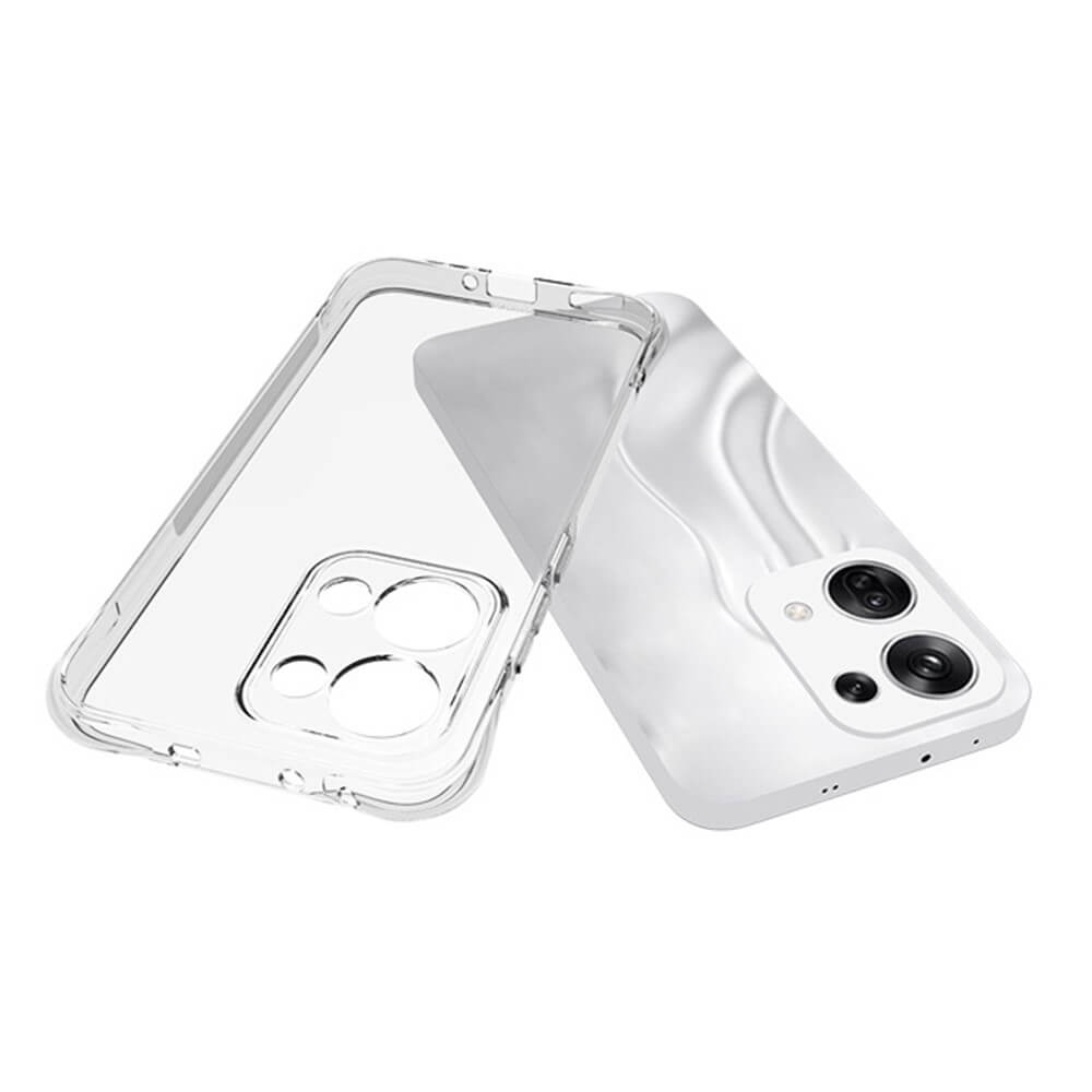 Zwei Cover-Discount OPPO Reno13 - Drop Protection Silikon Cases werden präsentiert – eines auf einem weißen Smartphone. Beide Cases bieten zuverlässigen Fallschutz, präzise Kameraausschnitte und sind aus weichem Silikon für einen sicheren Sitz gefertigt.