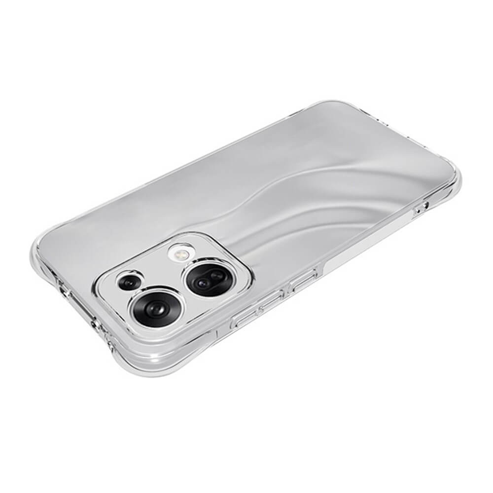Ein silbernes OPPO Reno13 mit einer wellenförmigen, weichen TPU-Silikonhülle von Cover-Discount bietet Zugriff auf zwei Kameras auf der Rückseite, seitliche Tastenabdeckung und zuverlässigen Fallschutz.