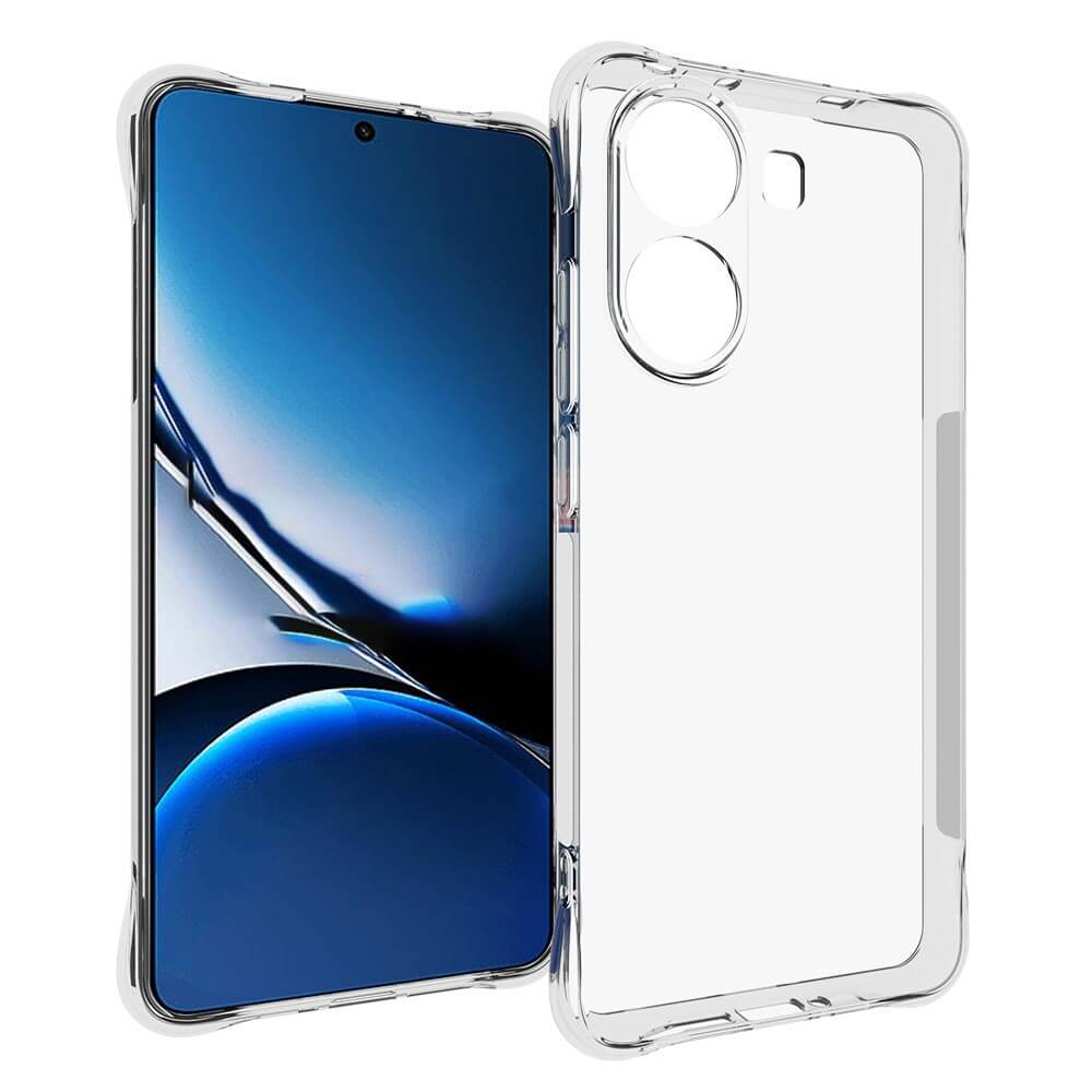 Das Cover-Discount Xiaomi Poco X7 Pro - Drop Protection Silikon Case wird neben einem Smartphone mit einem blauen abstrakten Hintergrundbild angezeigt.