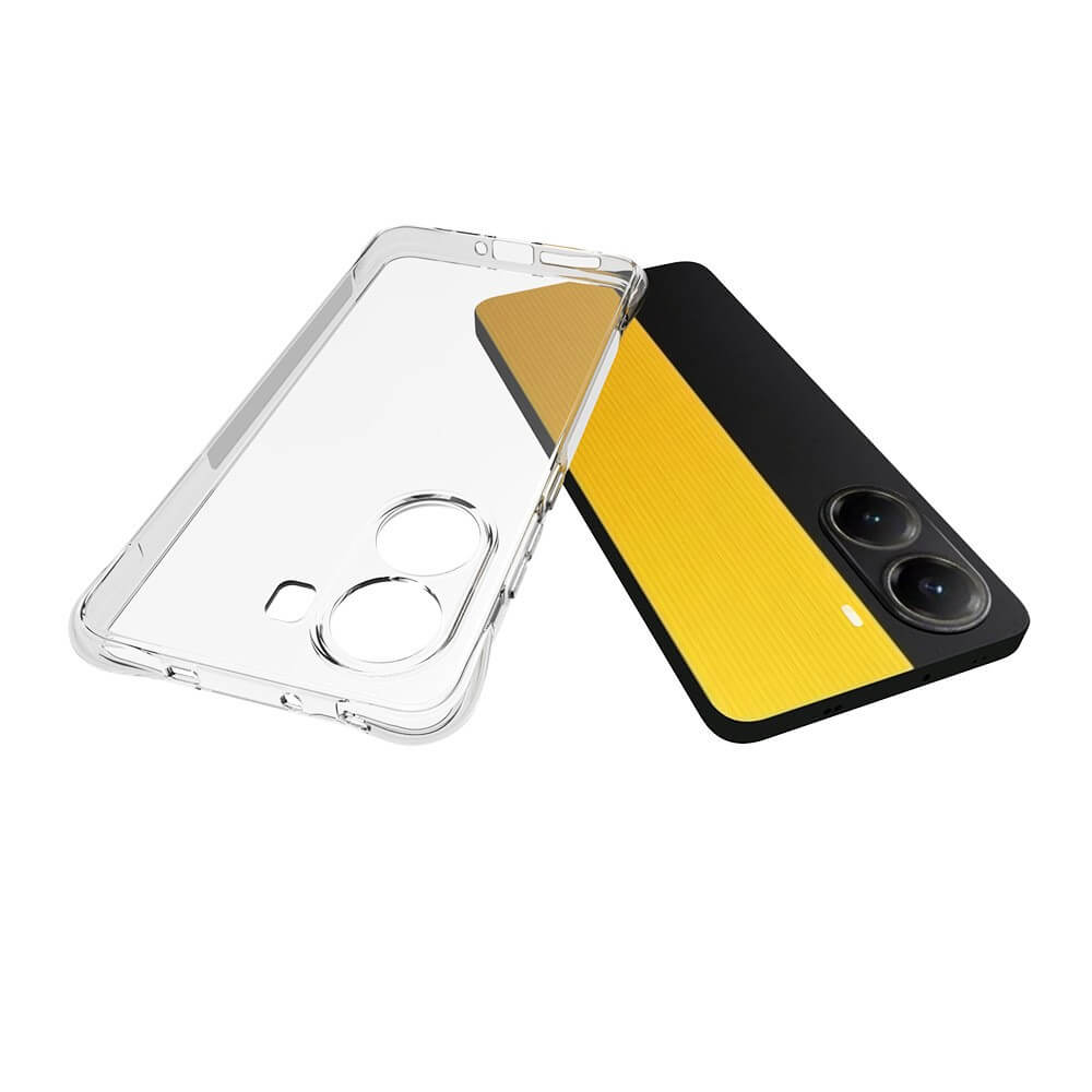 Das aus weichem TPU gefertigte Cover-Discount Xiaomi Poco X7 Pro Drop Protection Silikon Case wird neben einem gelb-schwarzen Smartphone mit Dual-Kamera gezeigt.
