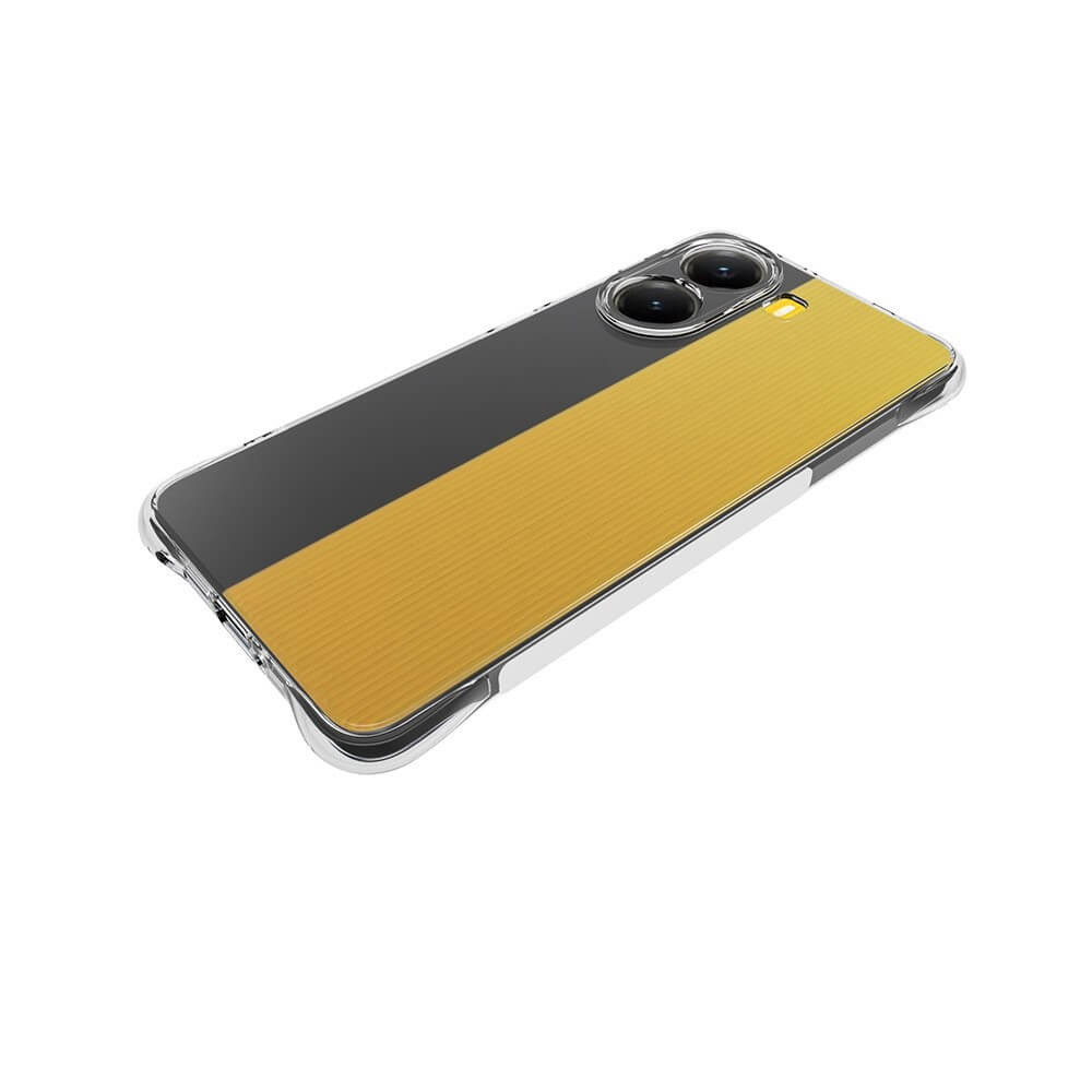 Das Xiaomi Poco X7 Pro von Cover-Discount verfügt über eine Doppelkamera, eine schwarz-gelbe Rückseite und wird mit einer durchsichtigen Softes-TPU-Silikonhülle zum Schutz vor Stürzen auf weißem Hintergrund geliefert.