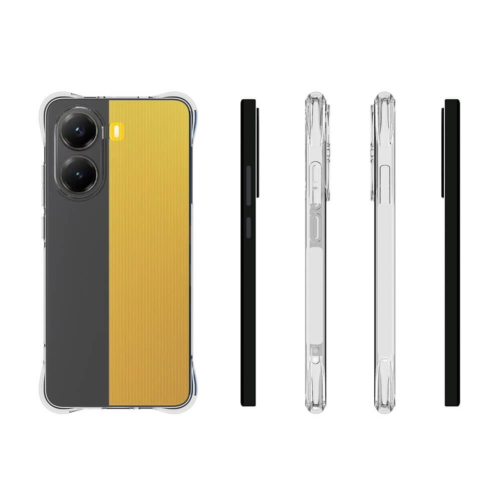 Das Cover-Discount Xiaomi Poco X7 Pro Silikon-Schutzcase mit Fallschutz, abgebildet auf einem Dual-Kamera-Smartphone mit gelb-schwarz geteilter Rückseite, bietet verbesserten Halt und Fallschutz. Die Bilder zeigen das Case von hinten, von der Seite und von vorne.
