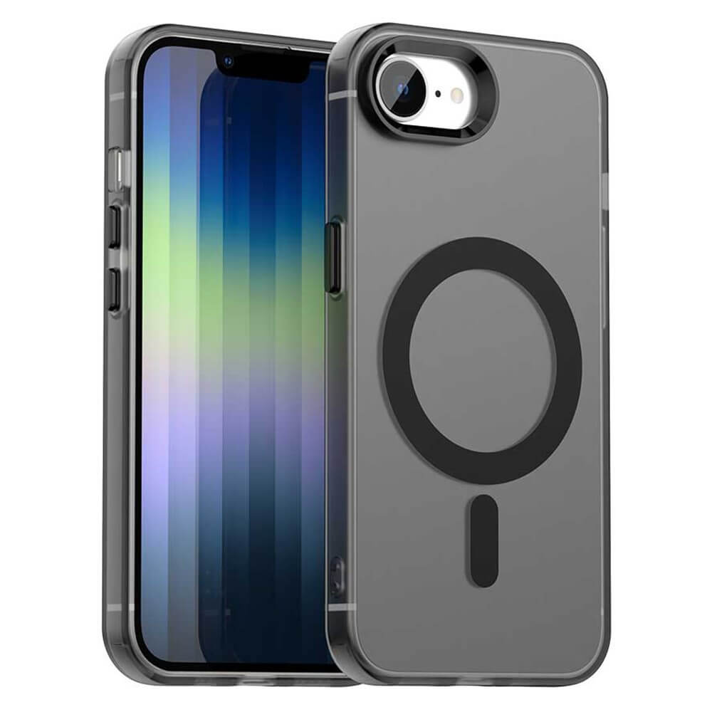 #farbe_schwarz|Zwei iPhone 16e Geräte in Cover-Discount Schützende Acryl-Handyhülle mit Magnet, die den vorderen Bildschirm und das runde MagSafe-Design auf der Rückseite zeigt - ideal für kabelloses Laden.