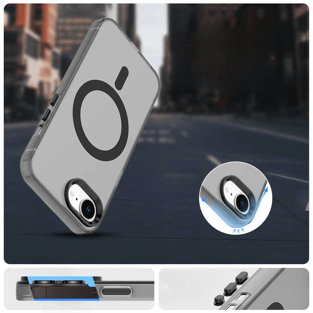 #farbe_schwarz|Die iPhone 16e - Schützende Acryl-Handyhülle mit Magnet von Cover-Discount zeigt im Close-up das kreisförmige MagSafe-Design und den Kameraschutz - ideal zum kabellosen Laden.