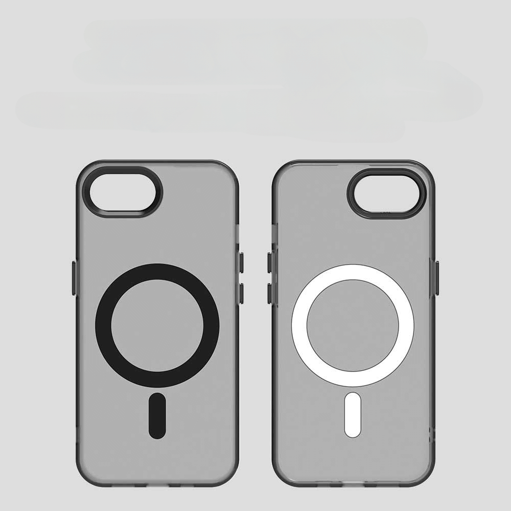 Zwei Cover-Discount iPhone 16e Schutzhüllen aus Acryl mit Magnet für kabelloses Laden: links schwarz, rechts weiß - perfekt passend als iPhone 16e Hülle.