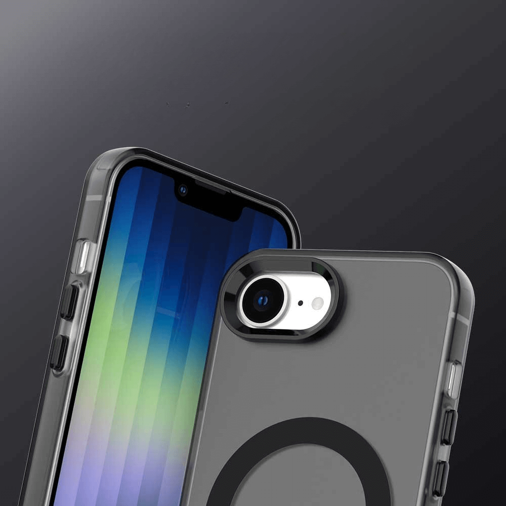 Zwei iPhone 16e mit Schutzhüllen von Cover-Discount und Magnet werden vor dunklem Hintergrund gezeigt - stilvoll, mit kabellosem Laden und angesagtem Gradient-Design.