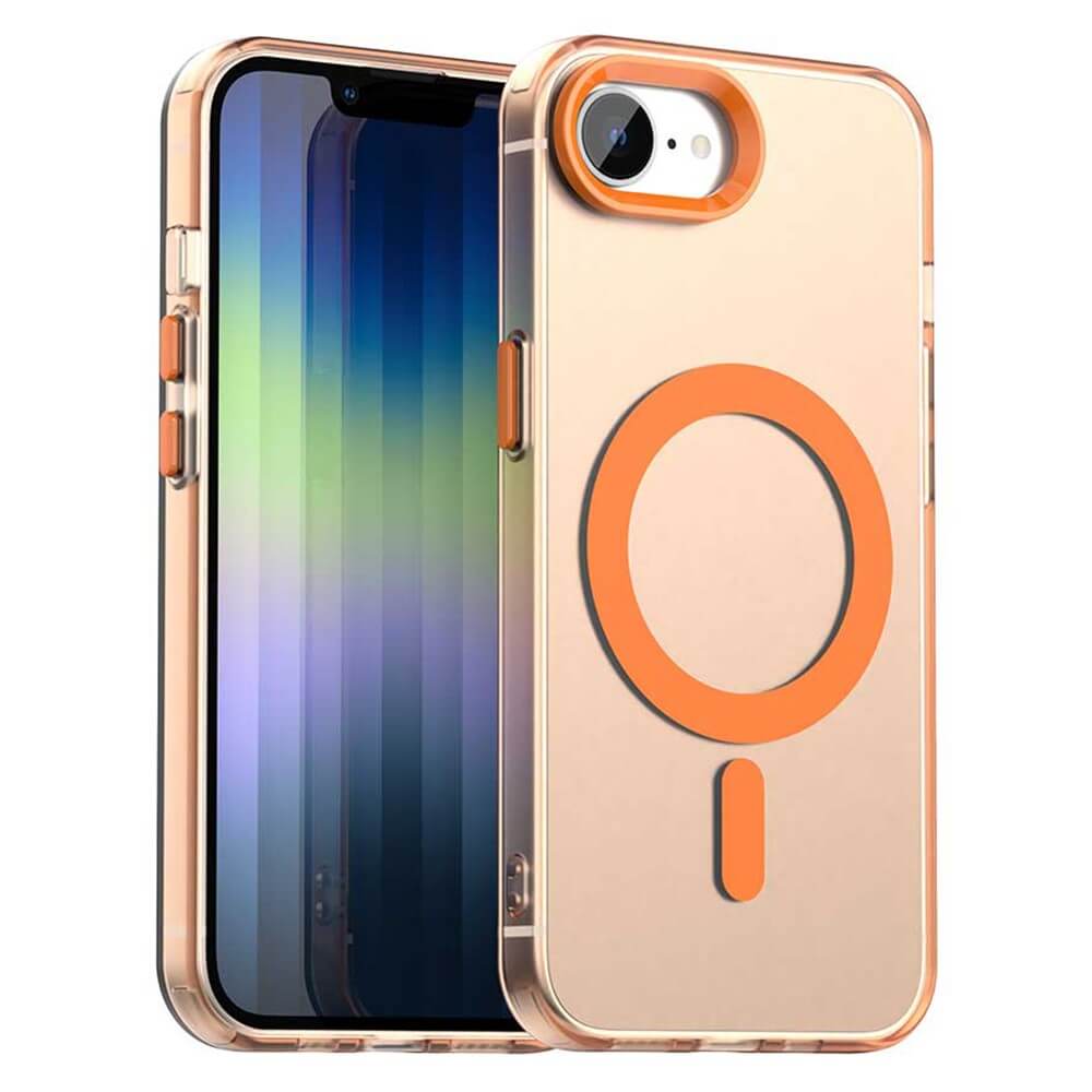 Cover-Discount iPhone 16e - Schützende Acryl-Handyhülle mit Magnet: Transparent, passgenau und mit orangefarbenem MagSafe-Ring und Tastenakzenten - stylischer Schutz für kabelloses Laden.