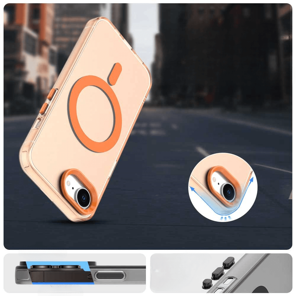 Die iPhone 16e - Schützende Acryl-Handyhülle mit Magnet von Cover-Discount: transparente Hülle mit orangefarbenen Akzenten, MagSafe-Ring und erhöhtem Kameraschutz - ideal für kabelloses Laden im urbanen Stil.