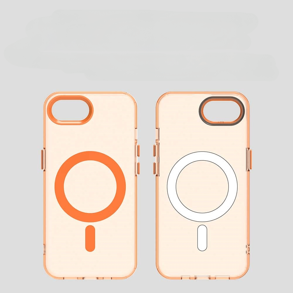 Zwei Cover-Discount iPhone 16e Schützende Acryl-Handyhülle mit Magneten mit orangefarbenen Rändern und MagSafe-Magneten sind von hinten auf hellgrauem Hintergrund abgebildet, um ihre kabellose Ladefähigkeit hervorzuheben.
