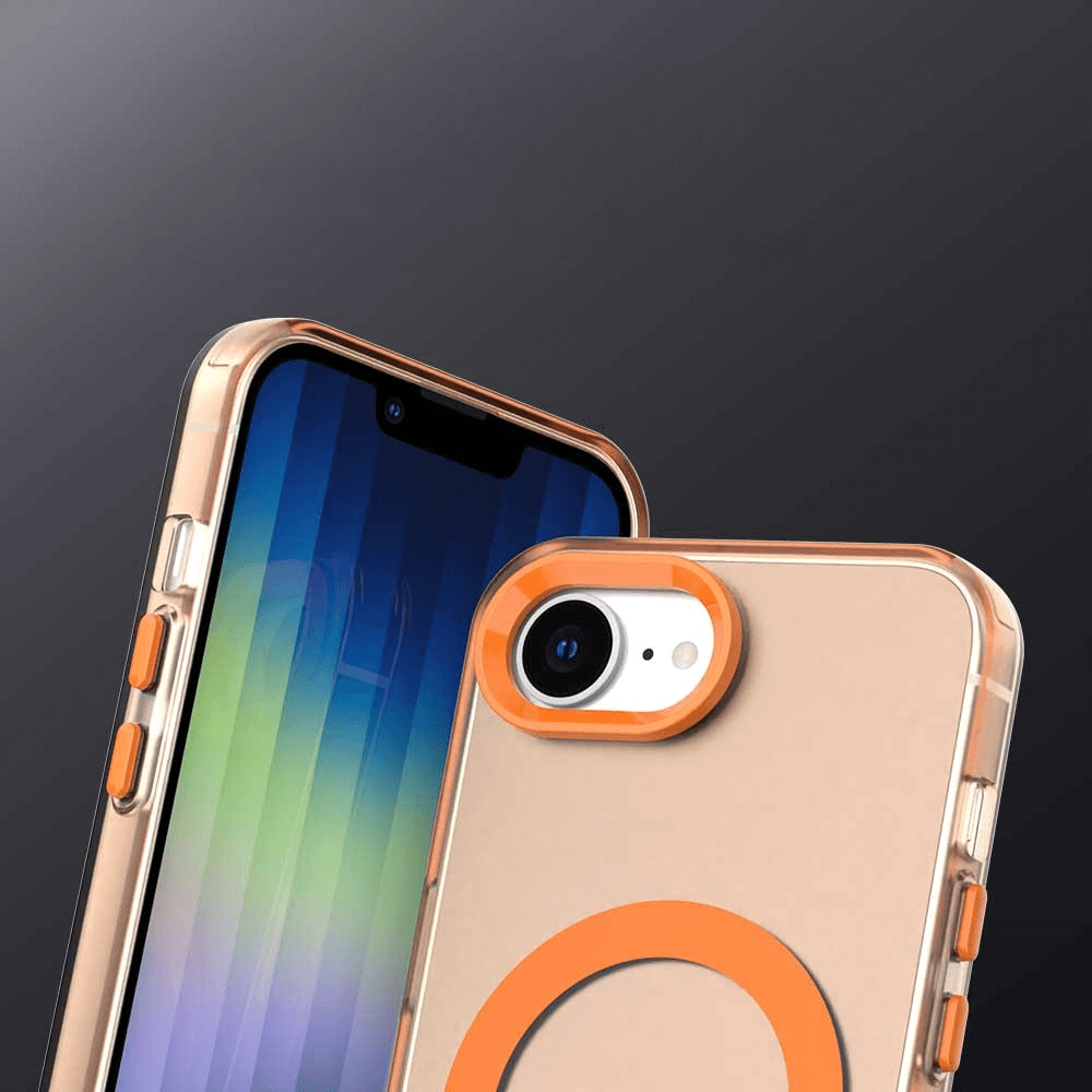 Zwei Cover-Discount iPhone 16e Schützende Acryl-Handyhülle mit Magnet, mit orangefarbenen Akzenten und MagSafe-Kompatibilität, perfekt für kabelloses Laden, abgebildet vor einem dunklen Hintergrund.