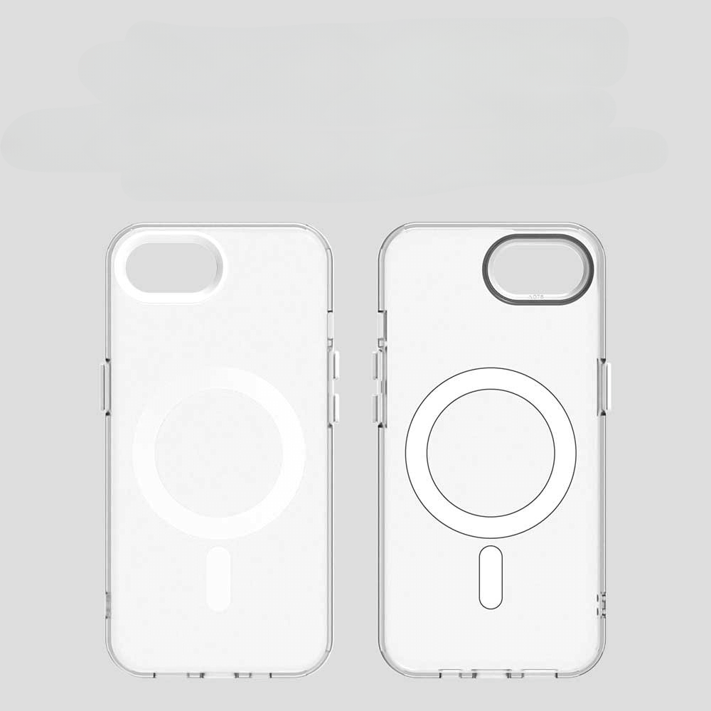 Zwei Cover-Discount iPhone 16e Schützende Acryl-Handyhülle mit Magnet, jeweils mit MagSafe-Kreis-Design, sind nebeneinander auf hellgrauem Hintergrund zu sehen - ideal für kabelloses Laden.