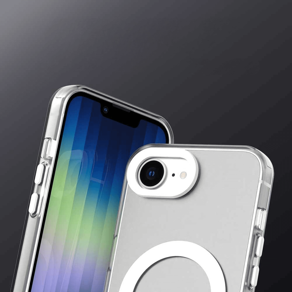 Zwei iPhone 16e in schützender Acryl-Handyhülle mit Magnet von Cover-Discount, ideal für MagSafe und kabelloses Laden, präsentiert vor dunklem Farbverlauf.