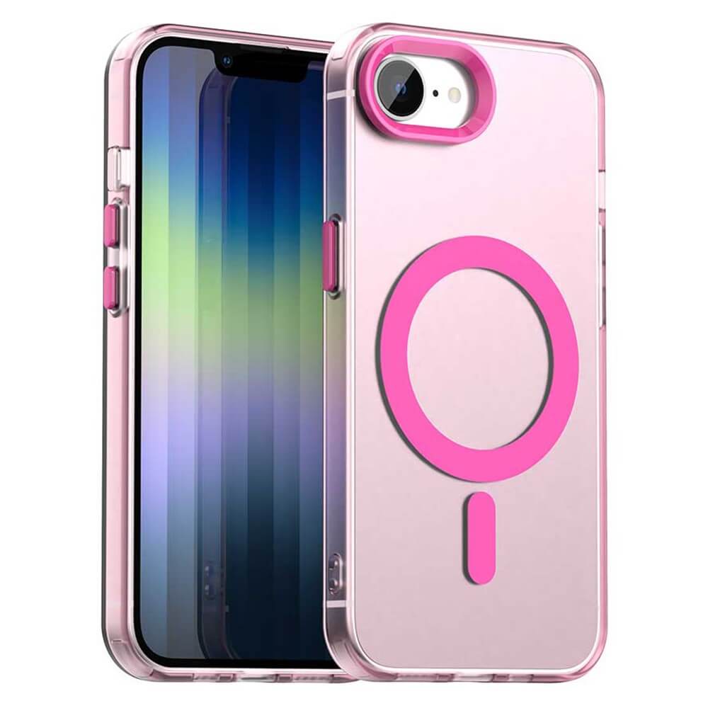 Cover-Discount's iPhone 16e - Schützende Acryl-Handyhülle mit Magnet in klarem Pink, mit markantem MagSafe-Ring für kabelloses Laden, präsentiert auf einem iPhone 16e mit Farbverlauf-Hintergrund.
