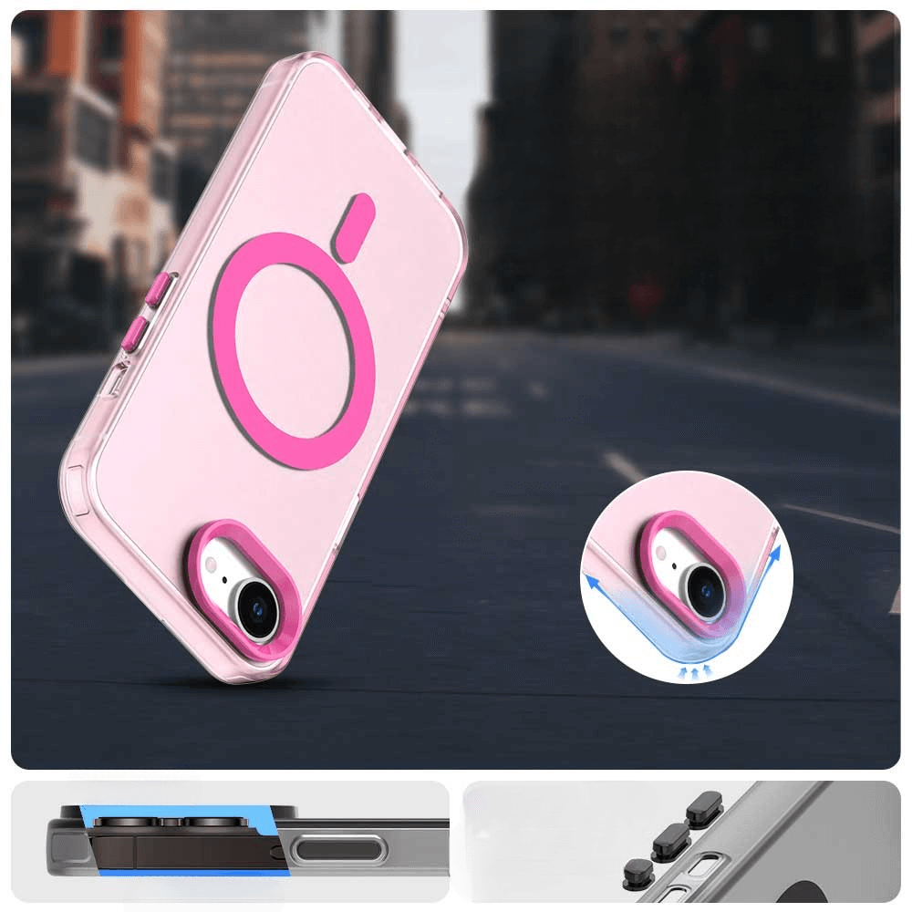 The Cover-Discount iPhone 16e - Schützende Acryl-Handyhülle mit Magnet in pink und transparent, mit Kamera-Linsenschutz und kabellosem Laden, wird aus verschiedenen Blickwinkeln gezeigt.