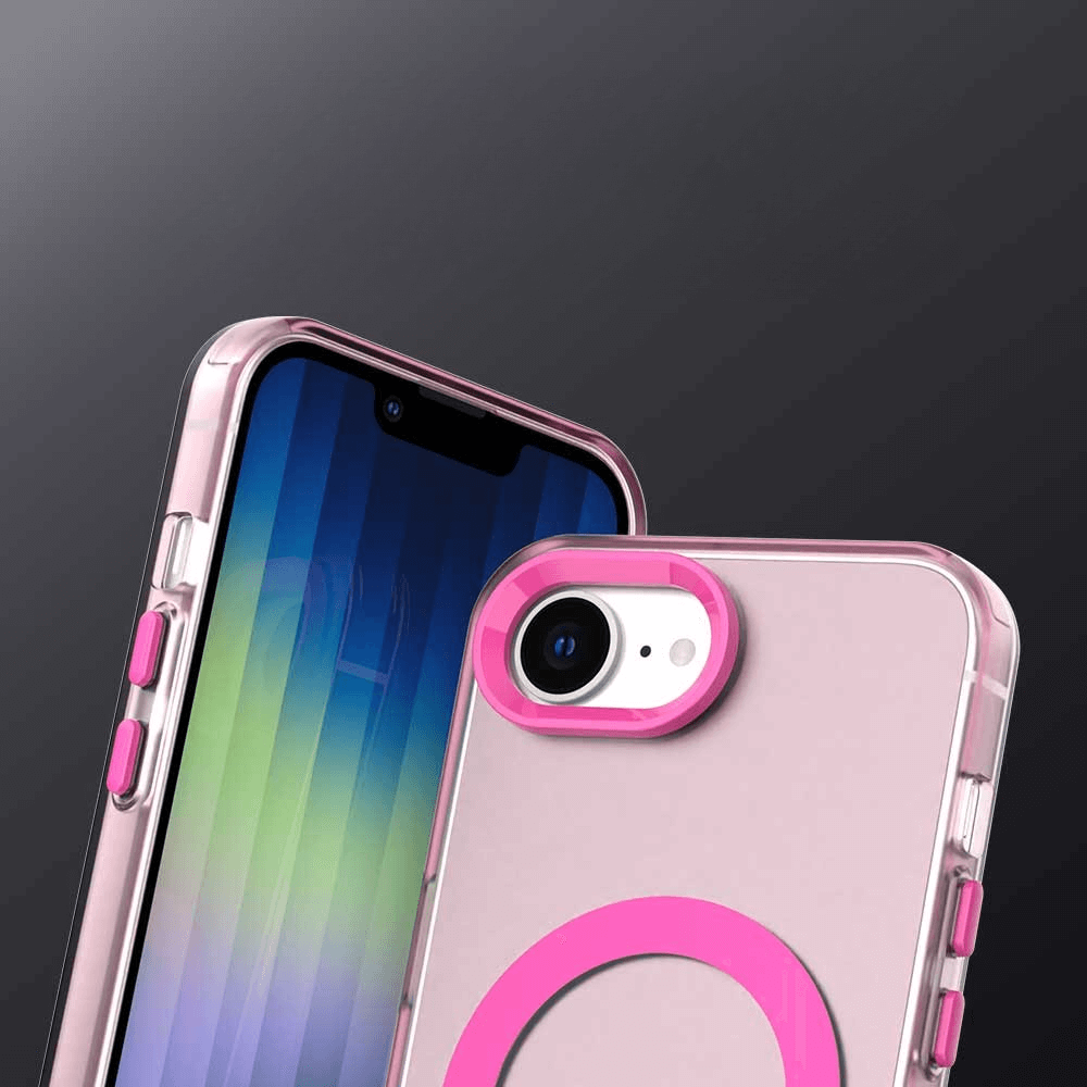 Zwei iPhones mit der schützenden Acryl-Handyhülle mit Magnet von Cover-Discount für das iPhone 16e, in Pink und Transparent, präsentieren sich vor dunklem Hintergrund - ideal fürs kabellose Laden.