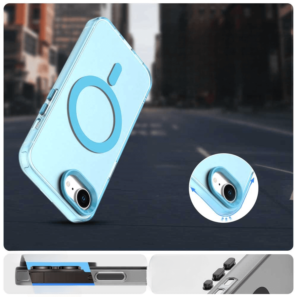 Die iPhone 16e - Schützende Acryl-Handyhülle mit Magnet von Cover-Discount in Hellblau bietet erhöhten Kameraschutz und eignet sich ideal für kabelloses Laden - hier detailreich aus verschiedenen Blickwinkeln in der Stadt gezeigt.