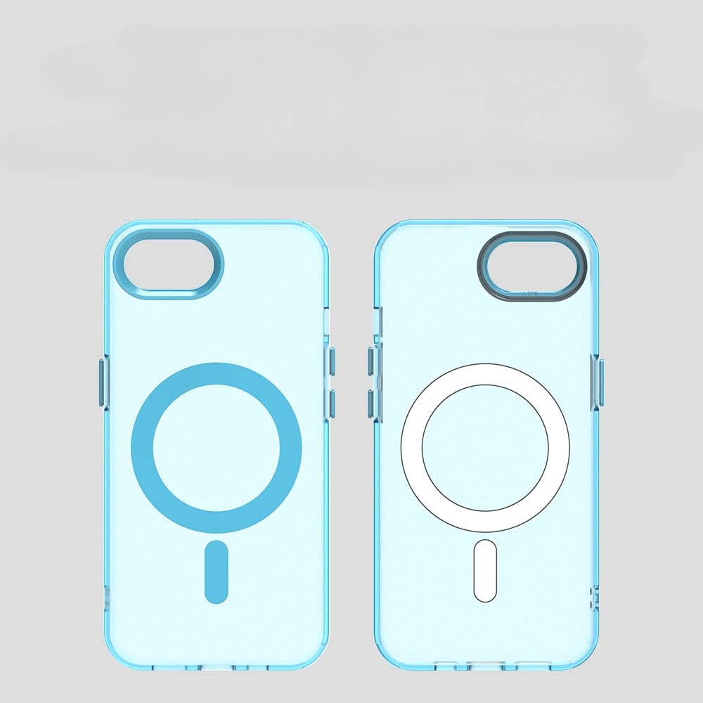 Zwei Cover-Discount iPhone 16e - Schützende Acryl-Handyhülle mit Magnet (blau), MagSafe-kompatibel: Eine mit blauem Ring, eine mit weißem - perfekt für kabelloses Laden und stilvollen Schutz.
