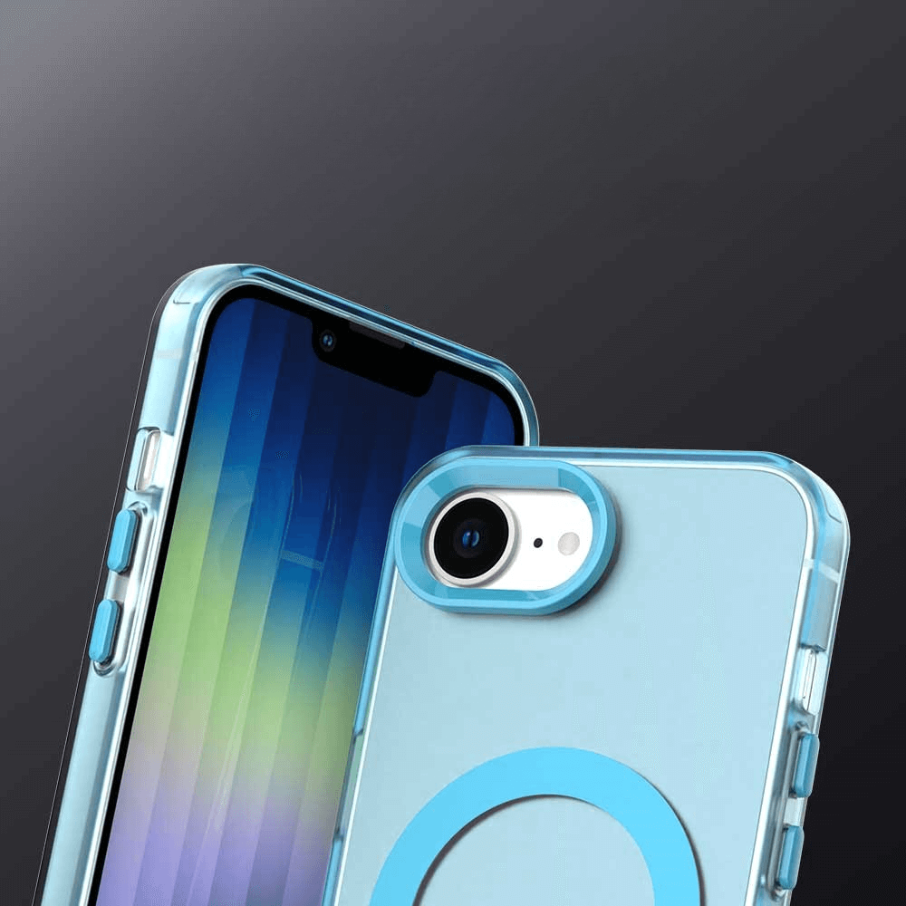 Zwei iPhones in der Cover-Discount iPhone 16e - Schützende Acryl-Handyhülle mit Magnet, mit klarer blauer Farbe und kreisförmigen Designs, ideal für kabelloses Laden, werden vor einem dunklen Hintergrund mit Farbverlauf dargestellt.