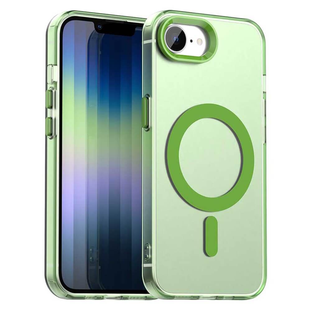 Die iPhone 16e - Schützende Acryl-Handyhülle mit Magnet von Cover-Discount ist maßgeschneidert, zeigt ein kreisförmiges MagSafe-Design und unterstützt kabelloses Laden auf dem Farbverlauf-Display-iPhone.