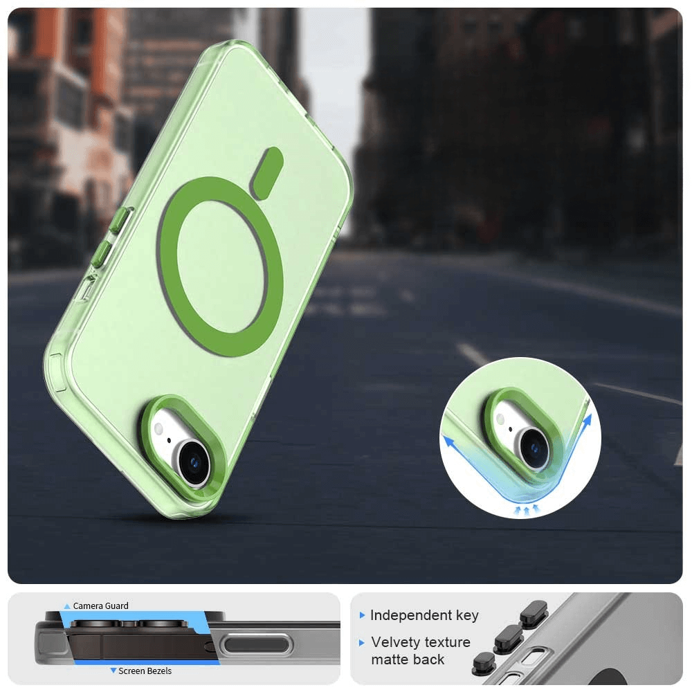 Die Cover-Discount iPhone 16e Schutzhülle aus Acryl mit Magnet zeigt Kamera-Guard und Screen-Bezels vor einer Stadt-Kulisse und ist kompatibel mit kabellosem Laden.