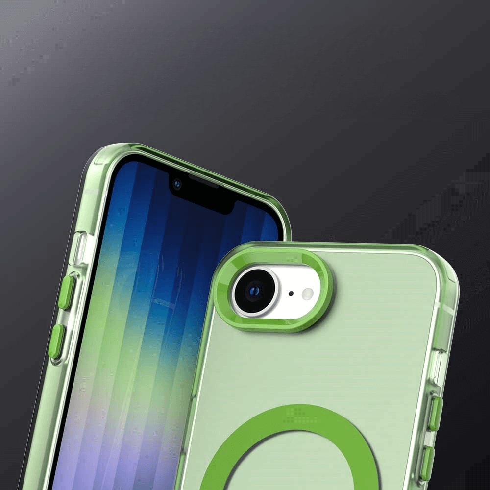 Zwei grüne Hüllen für das iPhone 16e von Cover-Discount: eine zeigt das Display, die andere die Kamera und die Rückseite der schützenden Acryl-Handyhülle mit Magnet-ideal für kabelloses Laden und stylischen Schutz.