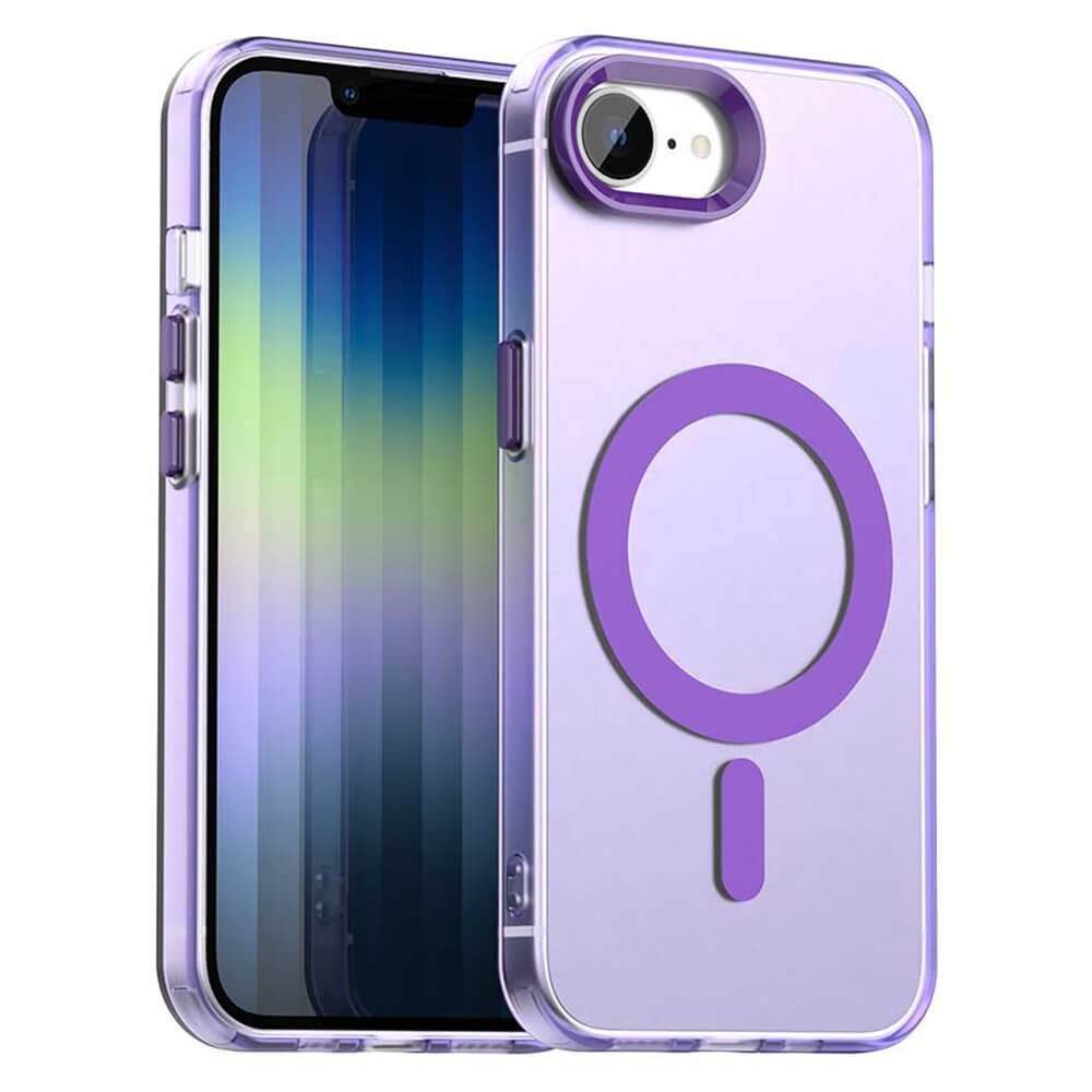 The Cover-Discount iPhone 16e - Schützende Acryl-Handyhülle mit Magnet in klar-lila mit großem Kreis- und Liniendesign, kompatibel mit kabellosem Laden für einfaches Wireless Charging.