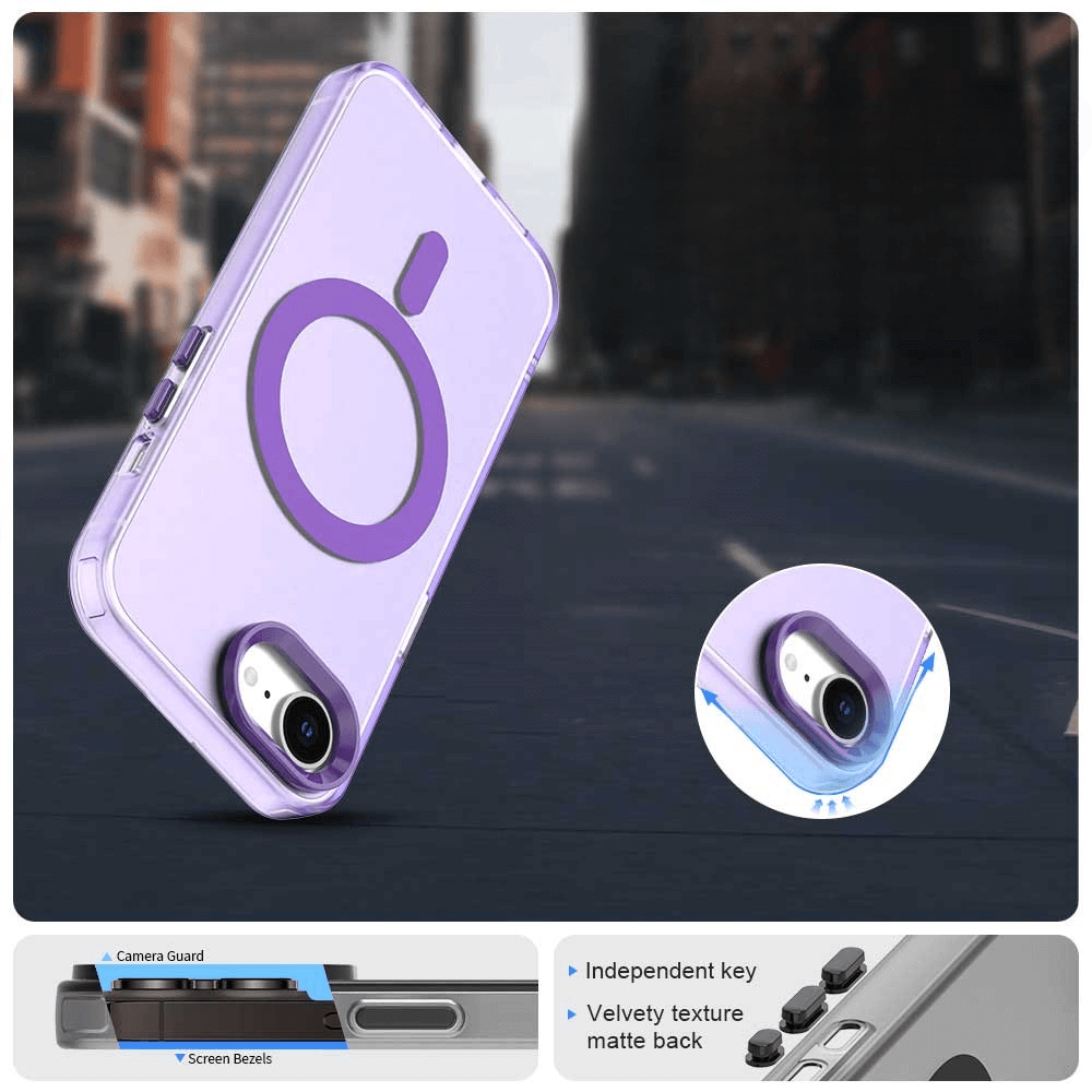 Cover-Discount iPhone 16e - Schützende Acryl-Handyhülle mit Magnet in transparentem Lila und Kreisdesign. Bietet Kameraschutz, Tasten- und Displayrahmenschutz sowie einfaches kabelloses Laden.